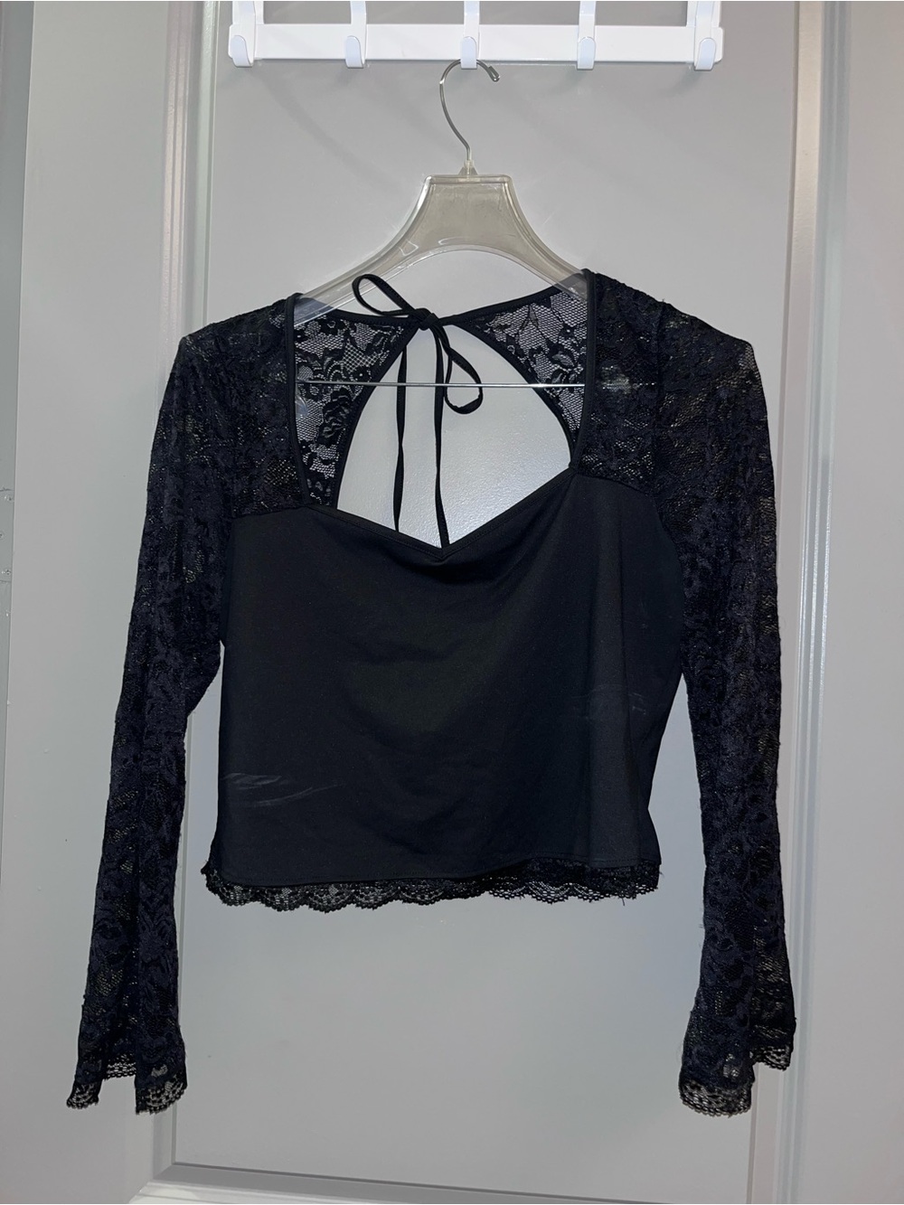 SHEIN Black Lace Long-Sleeve Tie-Back Top